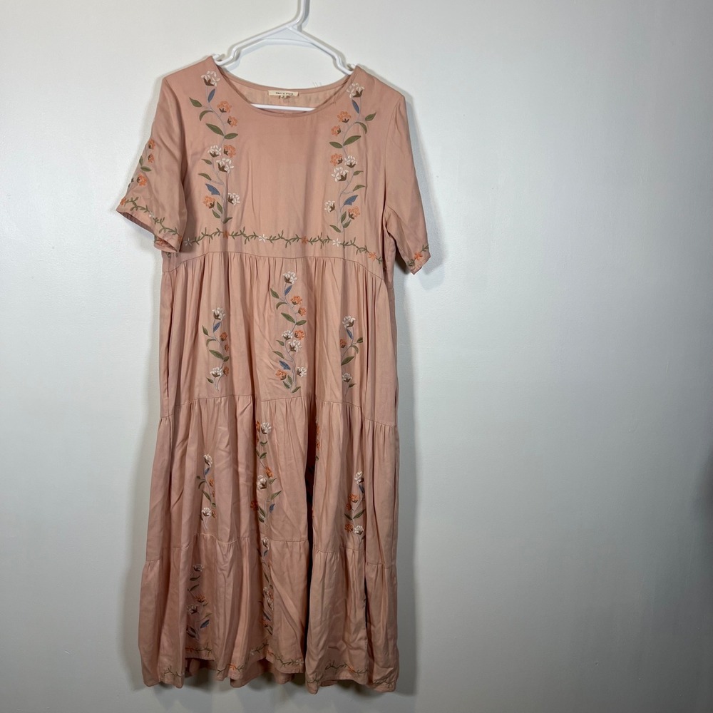 Tea n Rose Peach Floral Embroidered Tiered Midi Dress Pockets Rayon ID82491 M